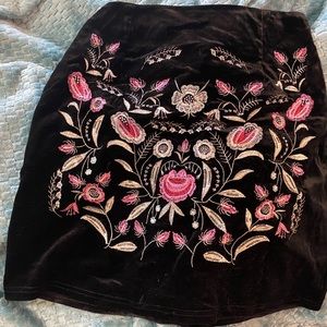Black Crushed Velvet Embroidered Floral Mini Skirt
